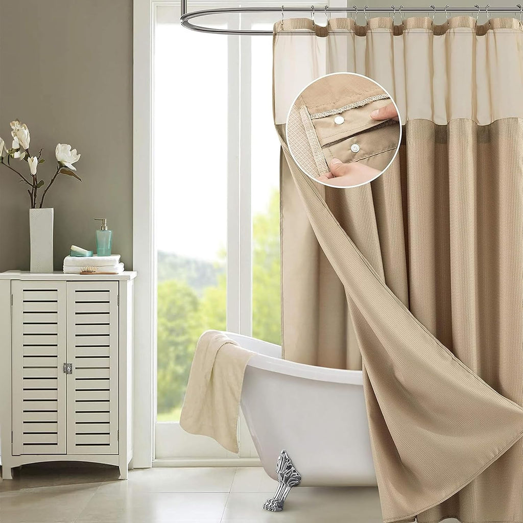 Hotel Style Waffle Weave Shower Curtain with Snap-In Waterproof Fabric Liner, Mesh Top Window, Water Resistant