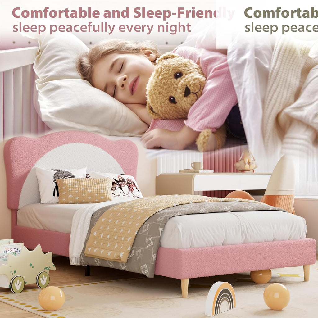 Twin Size Bed Frame for Kids - Cute Velvet Princess Platform Bed with Upholstered Headboard for Girls/Boys, Solid