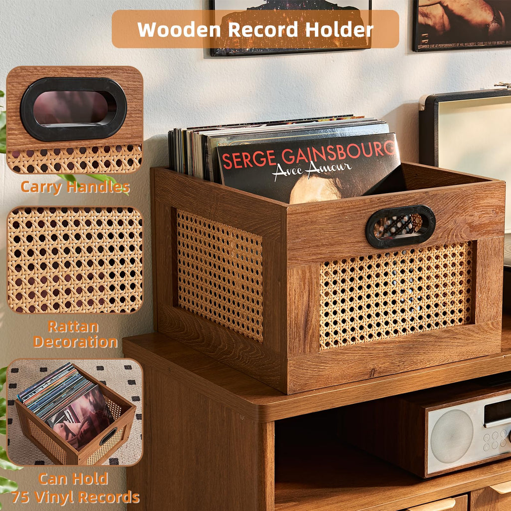 2 Pack Vinyl Record Storage Crates, Rattan Vinyl Record Holder