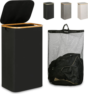 Laundry Hamper with Lid, 110L Laundry Basket with Bag,Black | Dirty Clothes Hamper Basket with Bamboo Handle for