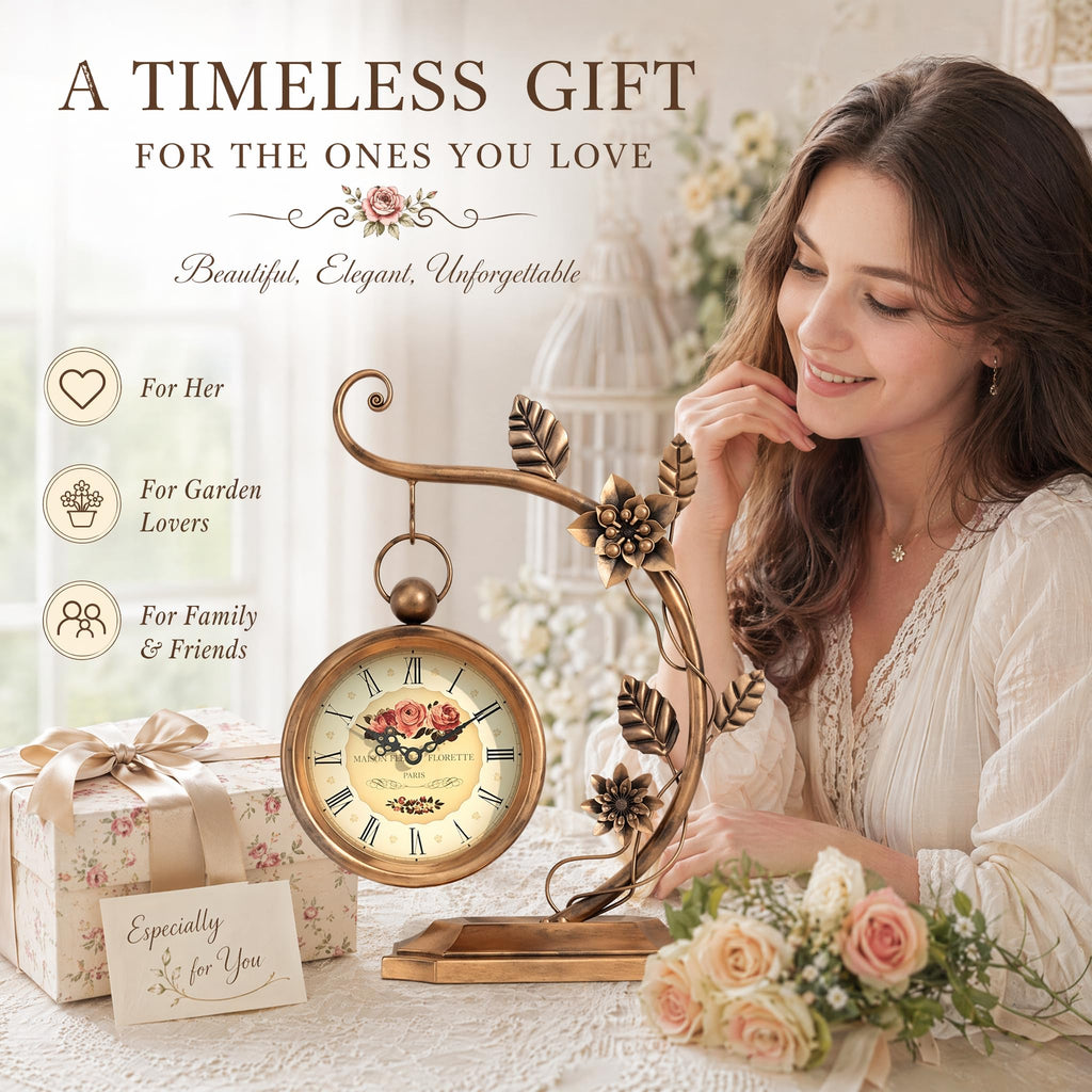 Floral Plant Desk Clock, Vintage Gold Table Clock with Leaf Pattern, Silent Non-Ticking Battery Operated Decorative