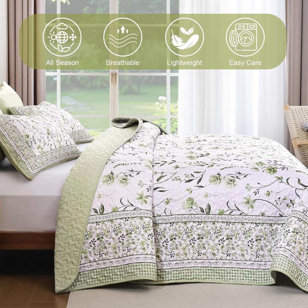 Floral Quilt Set, Sage Green Bedspread Set with 2 Pillowcases, Microfiber Lightweight Flowers Botanical Coverlet