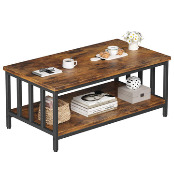 Coffee Table, Farmhouse Living Room Table with Slatted Sides Frame, 39 inch Rustic Black and Brown