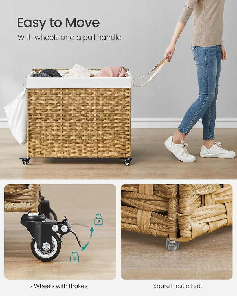 Laundry Hamper with Lid, 42.3 Gallons (160 L), Rolling Laundry Basket with Wheels, 3-Section Synthetic Rattan
