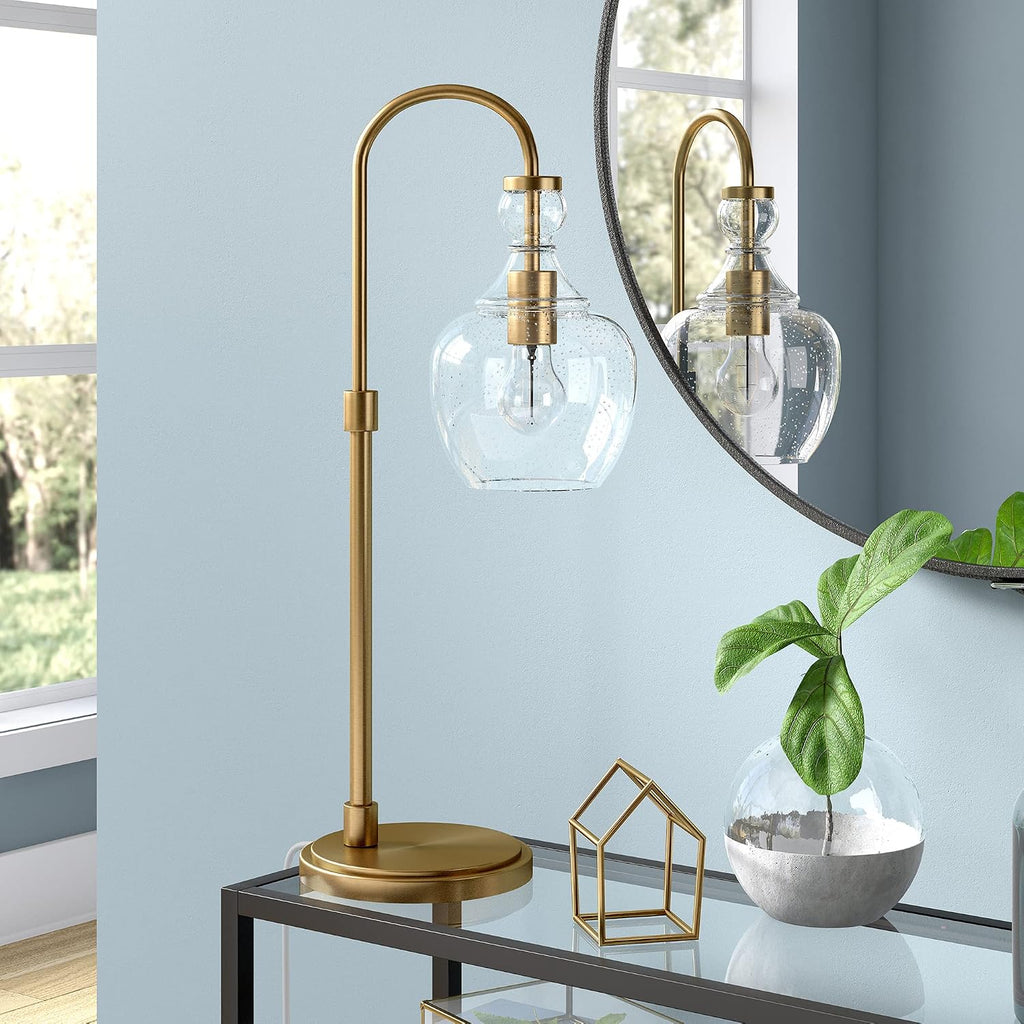 27" Mid-Century Modern 1-Light Table Lamp with Seeded Glass Dome Shade, or Office, Brushed Gold