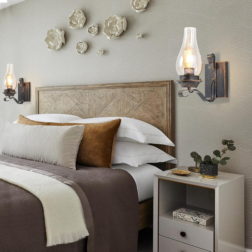 Wall Sconces Sets of 2, Oil Rubbed Bronze Hardwired Wall Sconce Indoor, Retro Rustic Wall Lamps with Amber