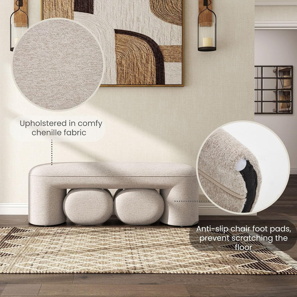 53" Upholstered End of Bed Bench with 2 Nesting Ottoman Stools, Modern Chenille Bedroom Bench for King/Queen Bed
