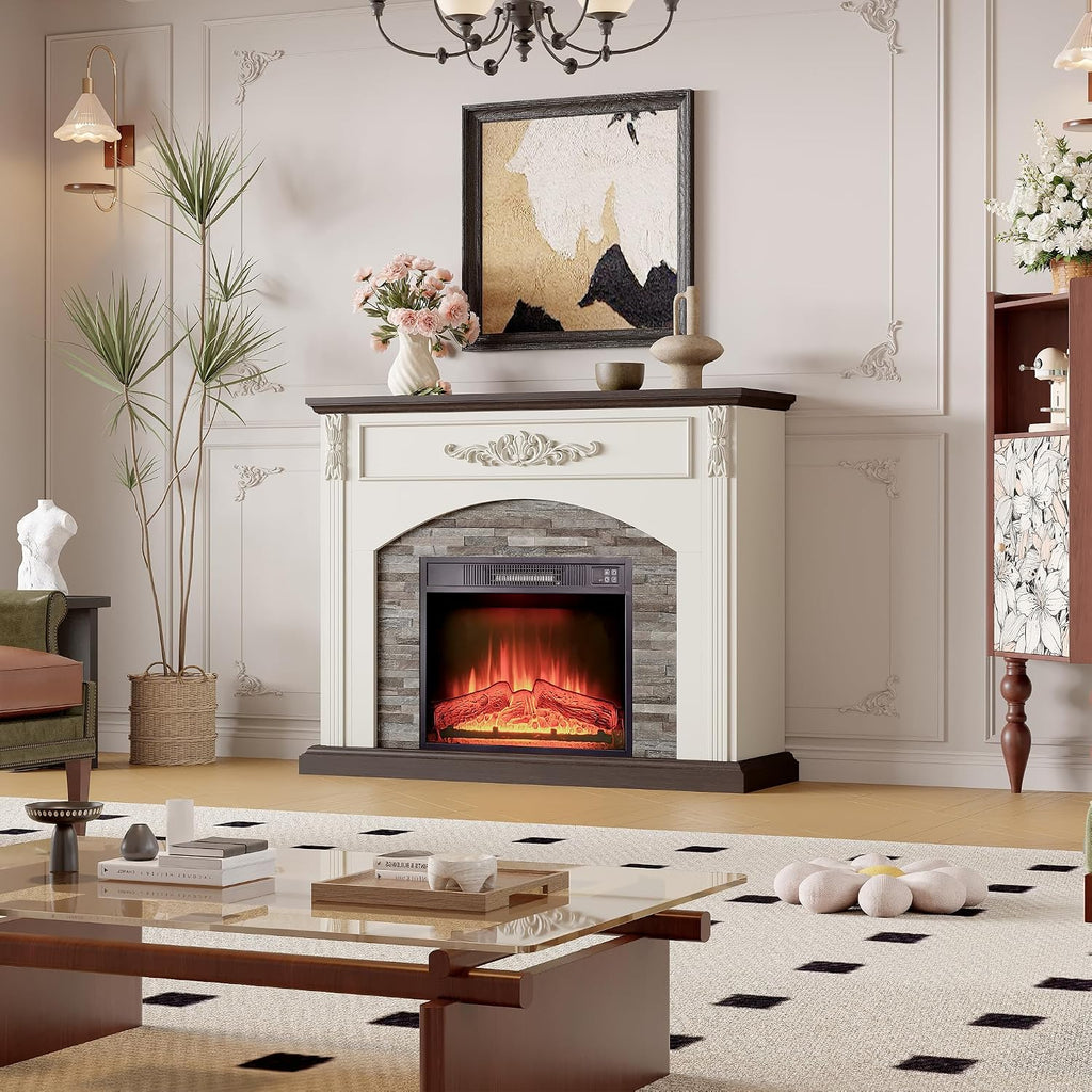 44Inch Electric Fireplace with Mantel, Farmhouse TV Stand with Electric Fire Place Heater, Stacked Stone