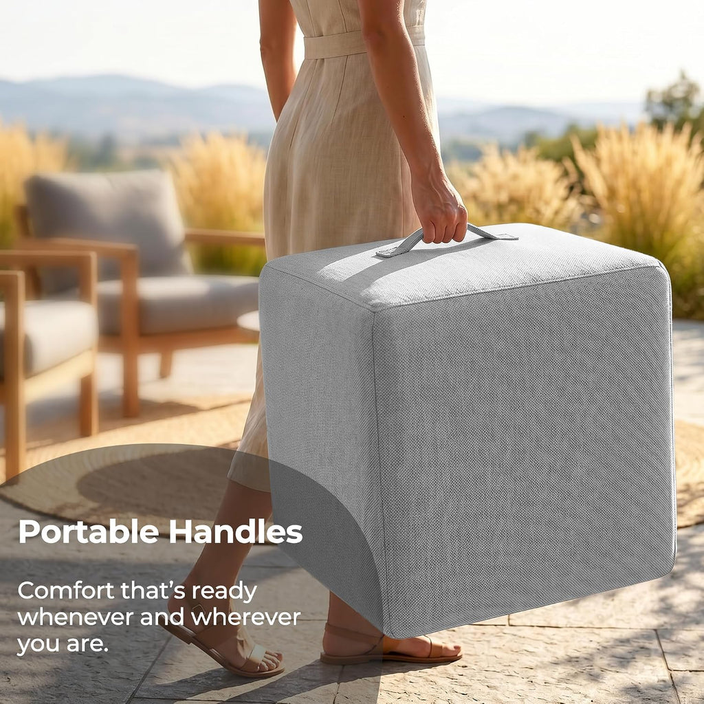 Square Outdoor Ottoman Pouf, 24" Waterproof Patio Foot Rest, Light Gray | Ottoman Foot Rest, Comfy Footstool
