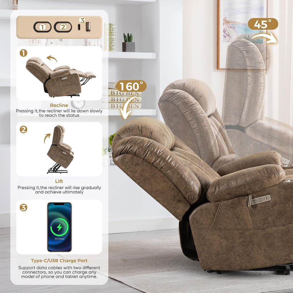 Oversized Power Lift Recliner Chair for Elderly, Big and Tall with Massage and Heating, Breathable Faux Leather with