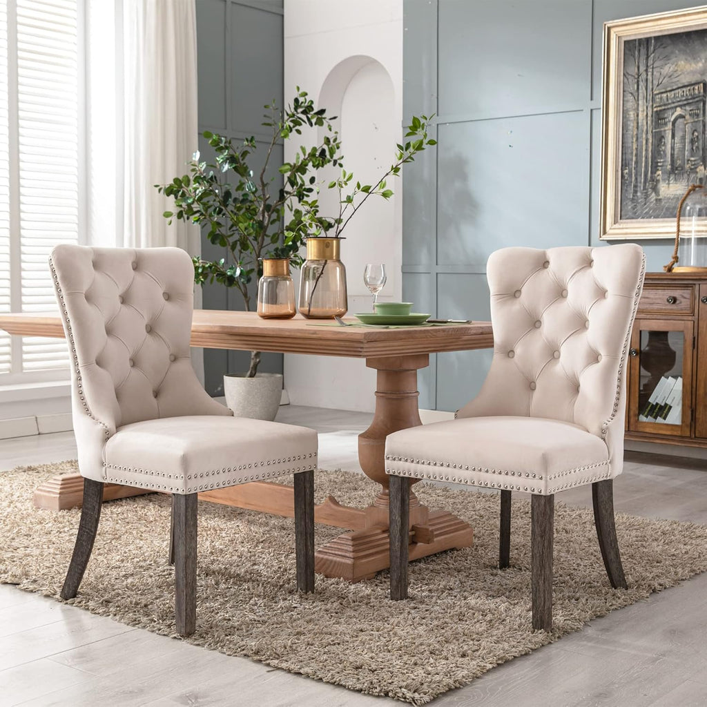 Velvet Dining Chairs Set of 2, Upholstered High-end Tufted Dining Room Chair with Nailhead Back Ring Pull Trim