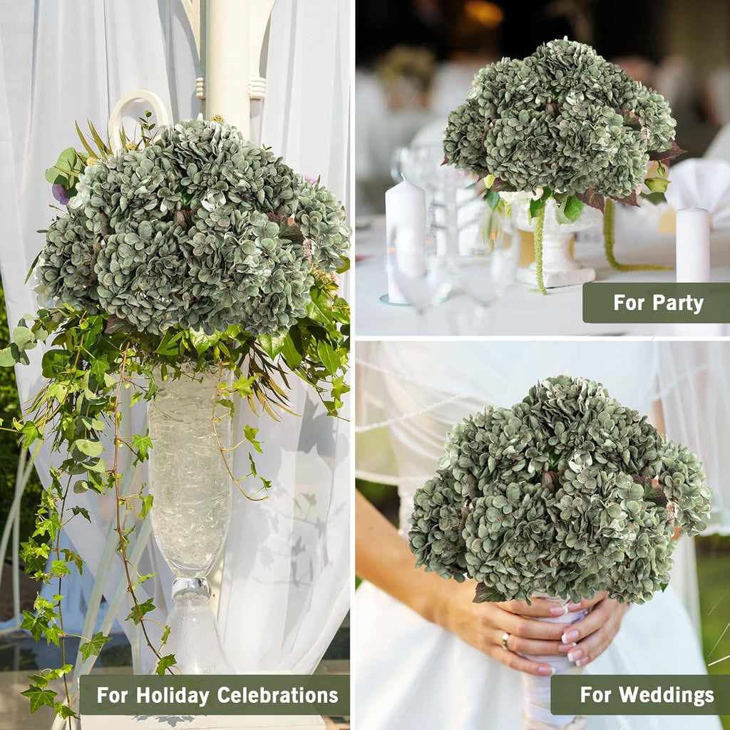 Hydrangea Artificial Flowers,Green Artificial Flower Fake Silk Hydrangea, Heads Bouquet with Stems Bulk for Fall