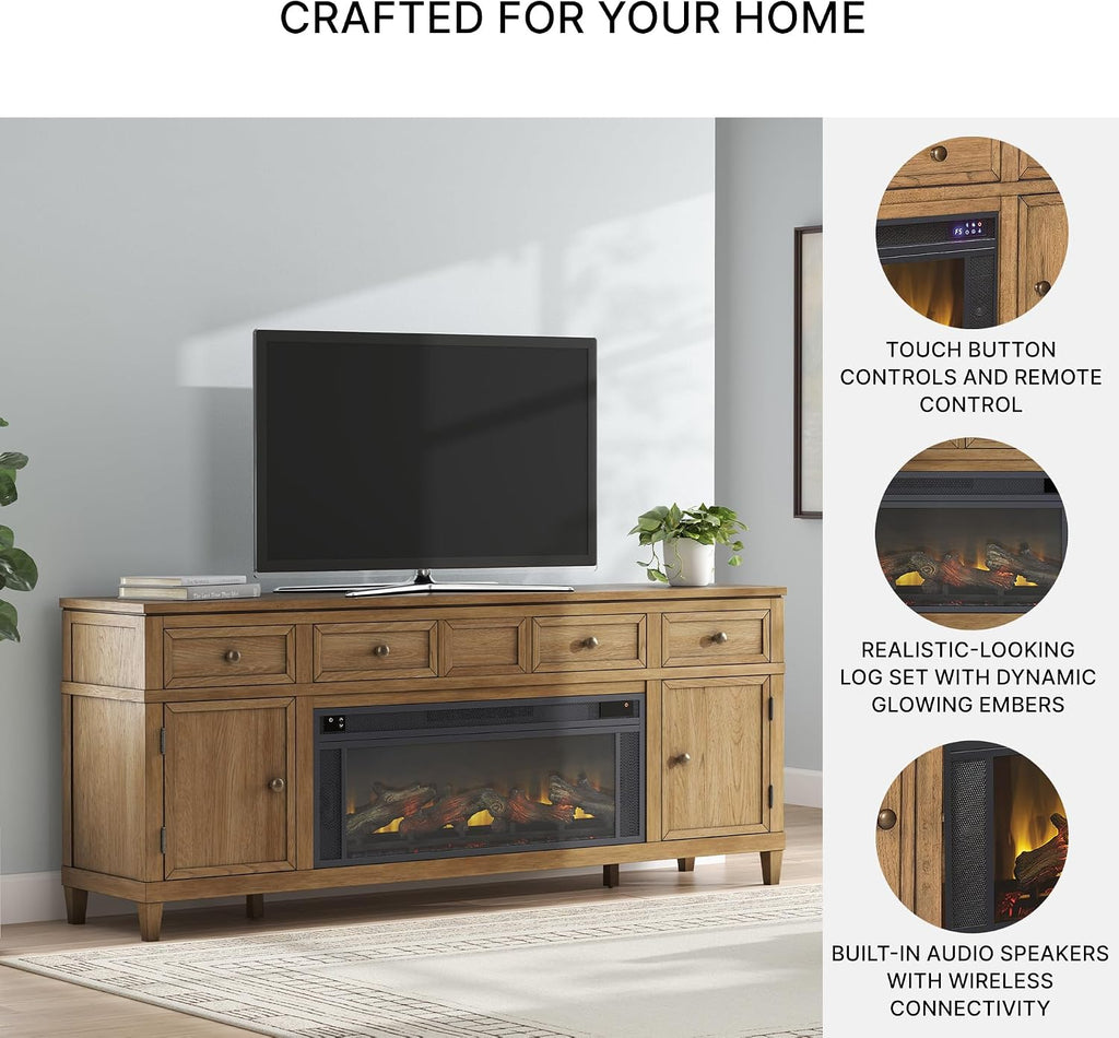 81" TV Stand with Electric Fireplace for TVs up to 93", Light Brown