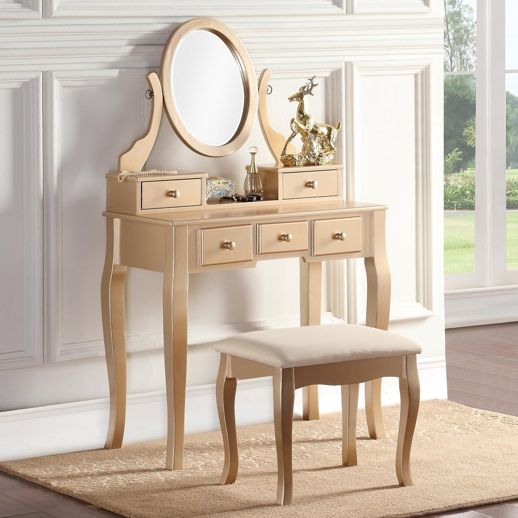 Ashley Wood Makeup Vanity Table and Stool Set, Gold
