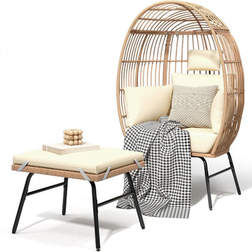 Accent Living Room Egg Chair w/ 2-in-1 Ottoman, Wicker Oversized Basket Chair with 5 Thick Cushions, Footrest, Comfy