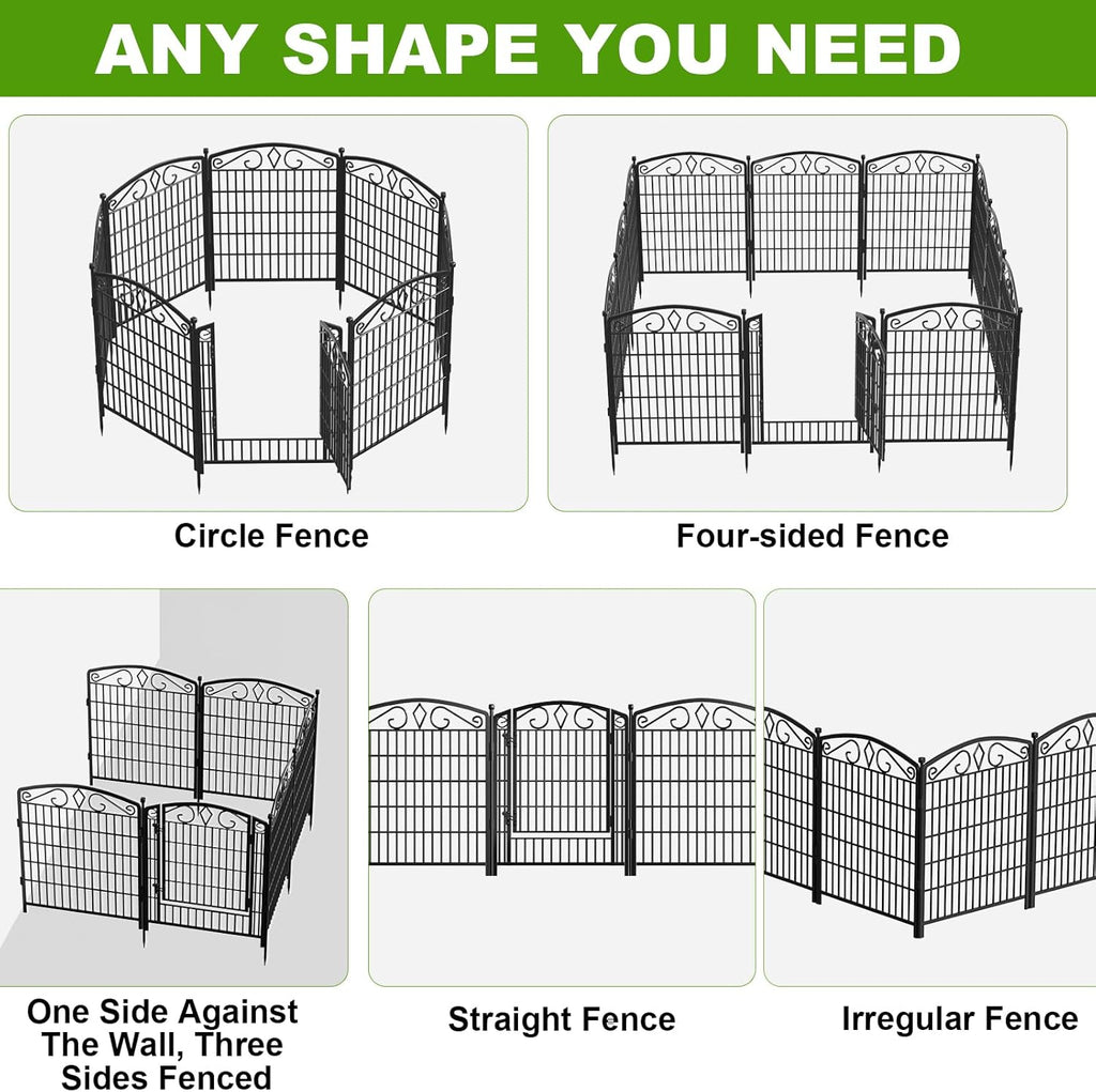 12 Panels No Dig Decorative Garden Fence with Gate, 31.3in(H) x 26ft(L) Rustproof Animal Barrier Metal Dog Fence