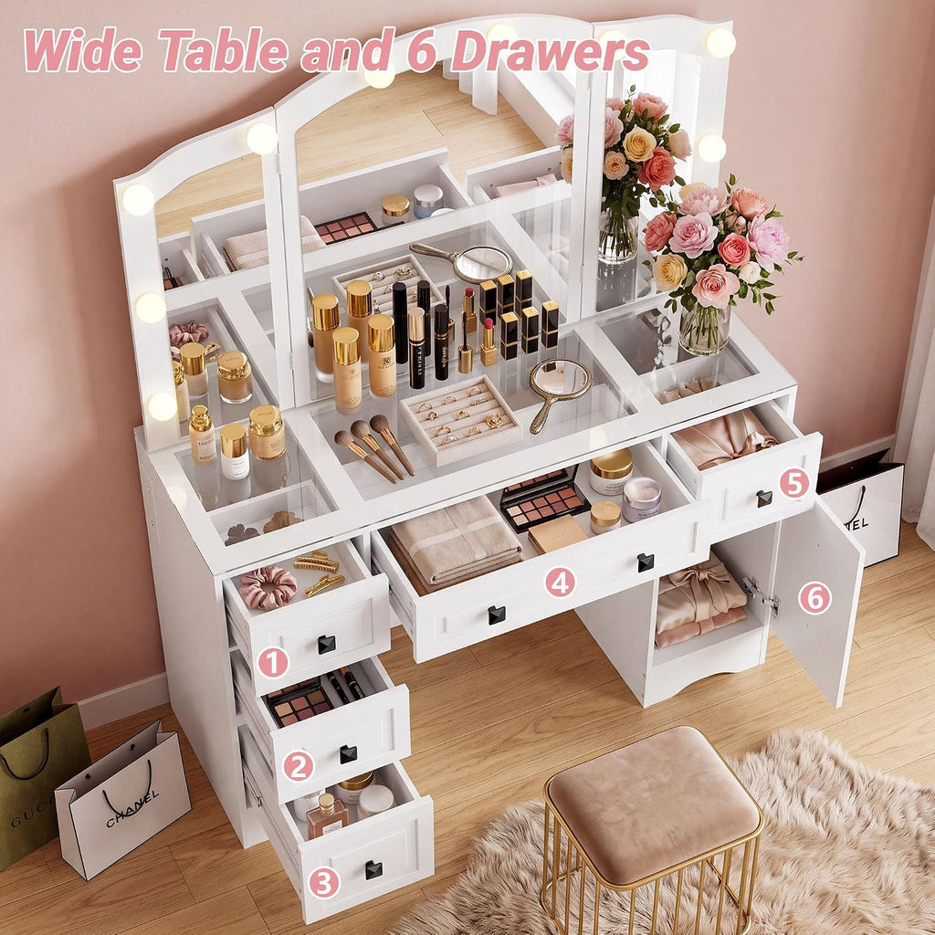 Vintage Vanity, White Vanity with Lighted Mirror & Third-Fold Mirror, Retro 5-Drawer Dressing Table with Glass Top