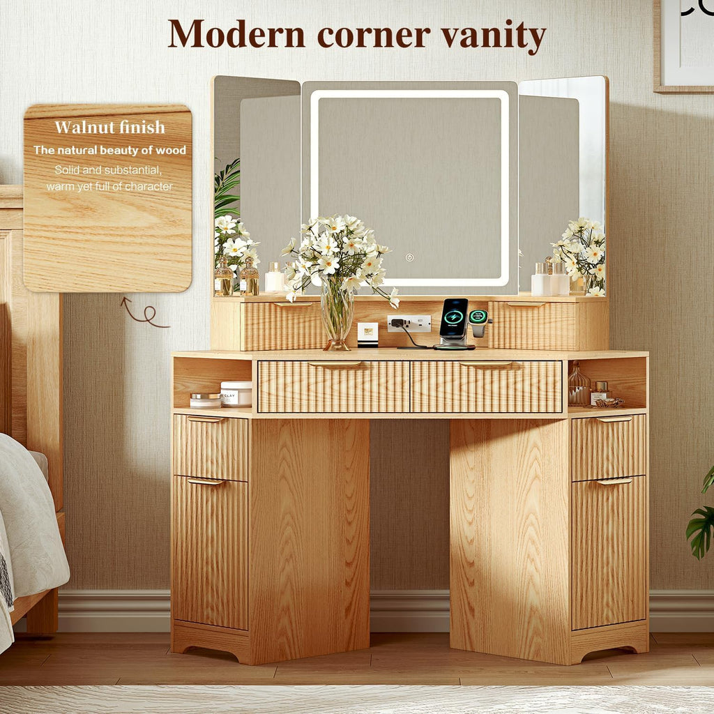 Corner Makeup Vanity Desk with 3 Way Mirror and Lights,48" Large Vanity Table with 6 Drawers & Storage Cabinets