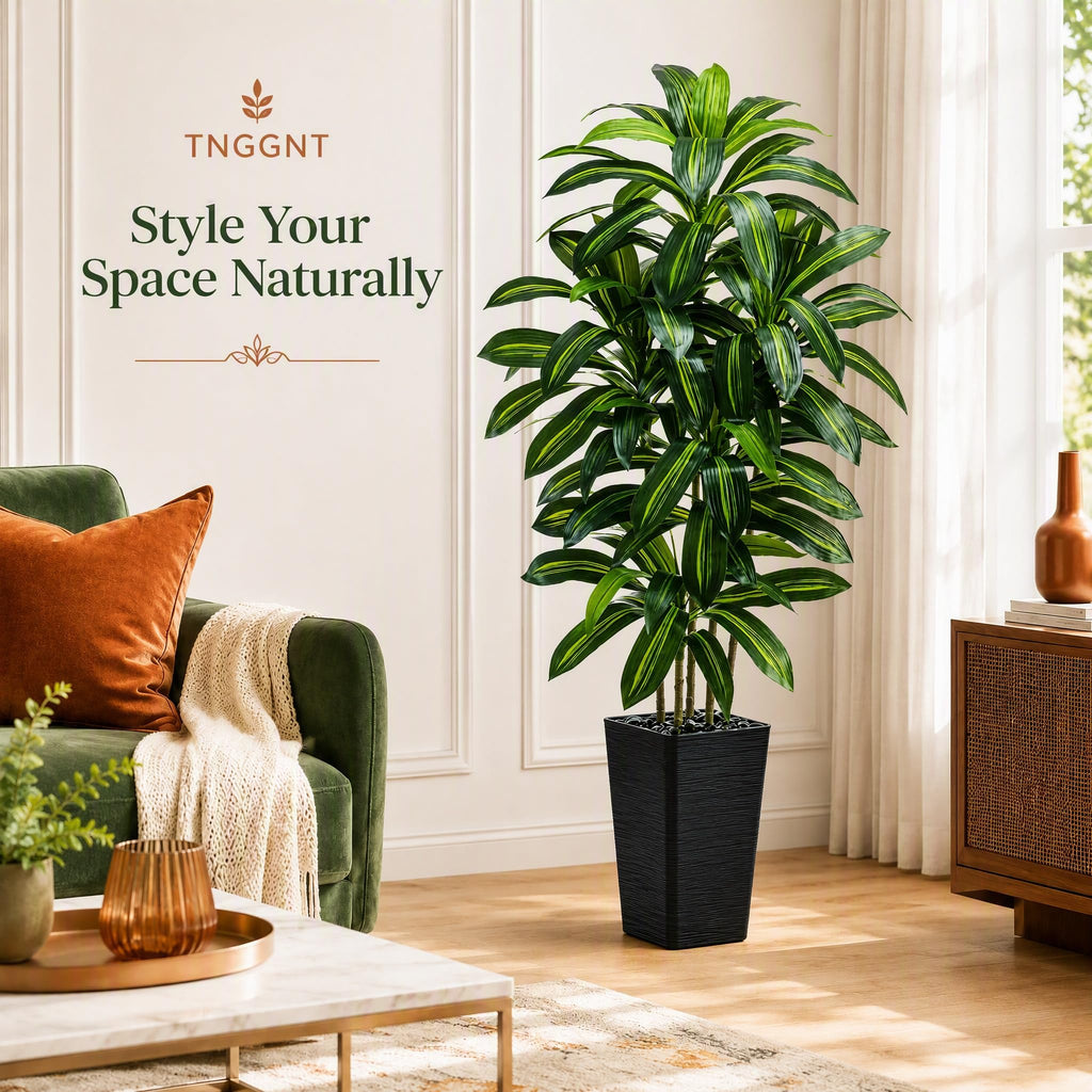 Artificial Dracaena Tree: 6FT Fake Plants Silk Faux Trees(Black Pot)