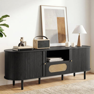 63'' Tambour TV Stand with Power Outlet for TVs up to 70 in, Mid-Century Modern TV Entertainment with 3 Cable
