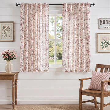 Linen Curtains 63 inch Maroon Floral Farmhouse Rod Pocket 2 Panels