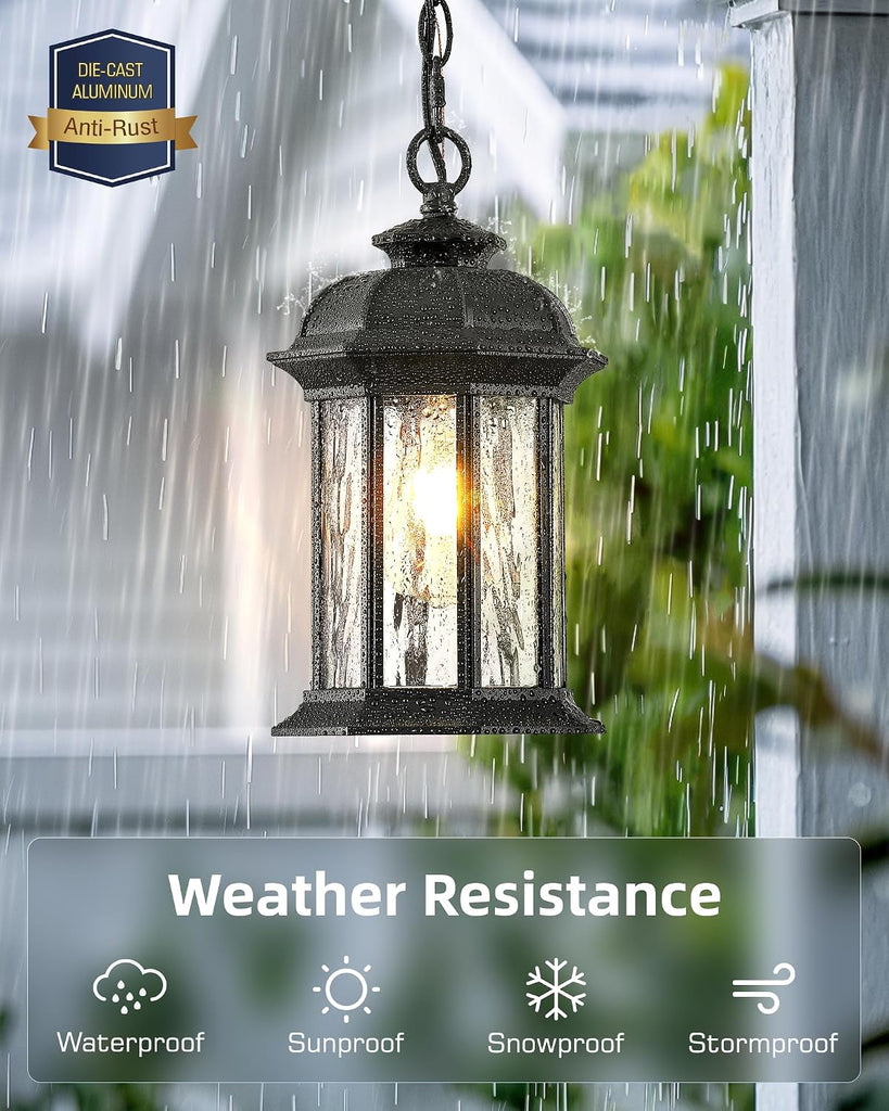 Outdoor Pendant Lights for Porch Lantern, Black Exterior Hanging Lights Fixtures with Adjustable Chain