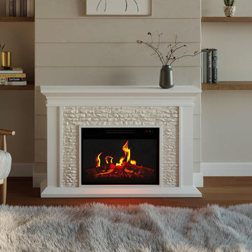 Electric Fireplace with Mantel - Freestanding Heater with Remote Control, Light-Adjustable LED Flames, and Faux Logs