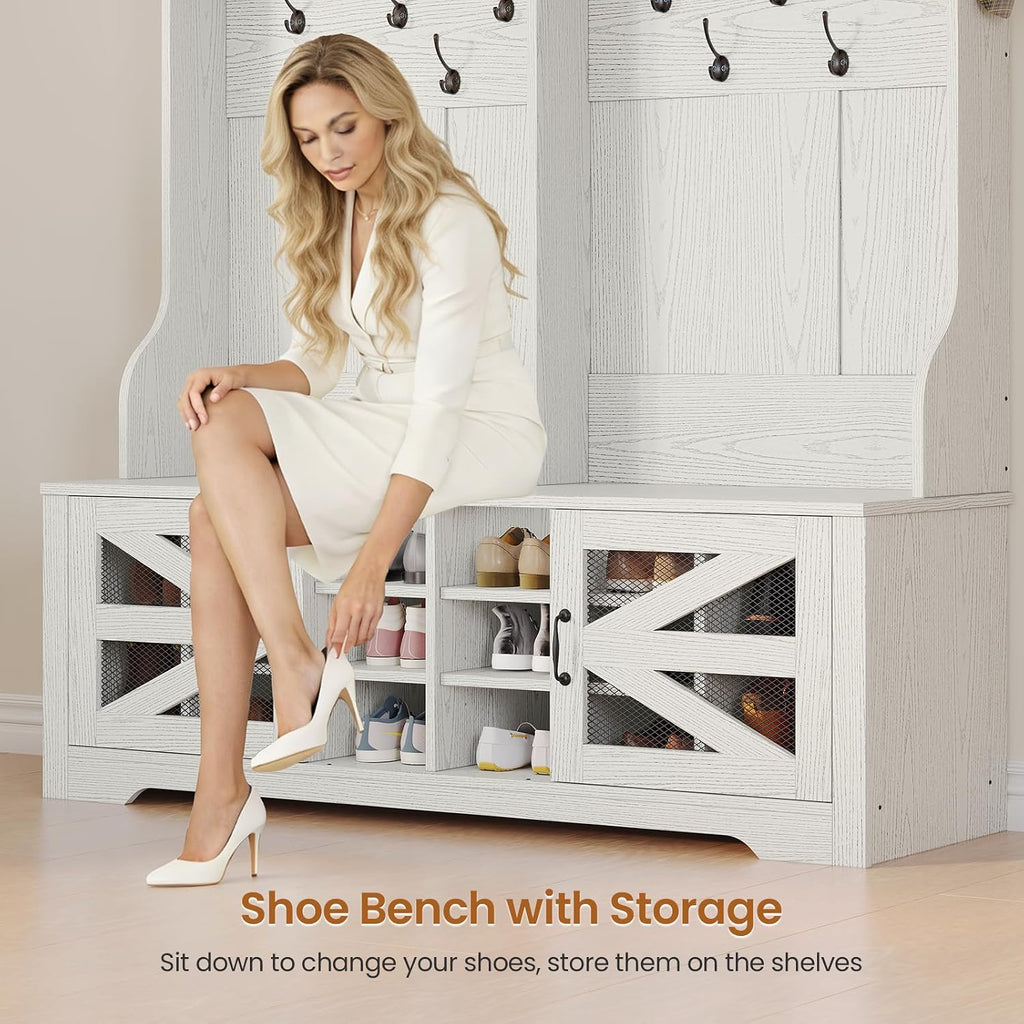 Hall Tree with Bench and Shoe Storage, 5-in-1 Entryway Bench with Coat Rack, 16 Shoe Cubbies & 12 Coat Hooks, Barn