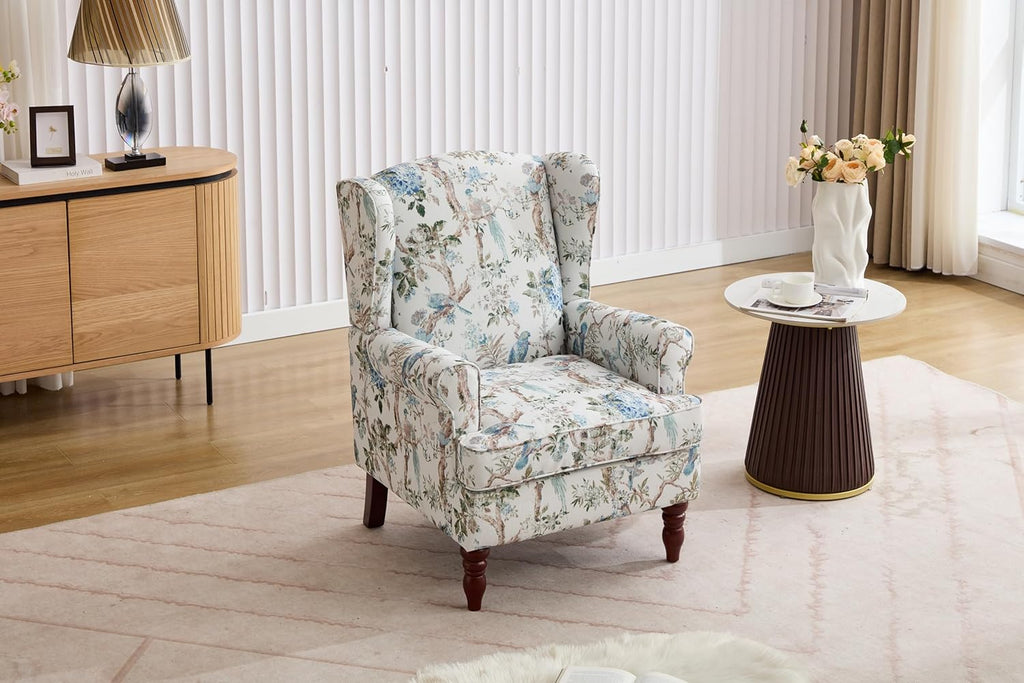 Modern Wingback Accent Chair with Solid Wood Legs and Cushion, Comfy Upholstered Floral Pattern Armchair, Retro