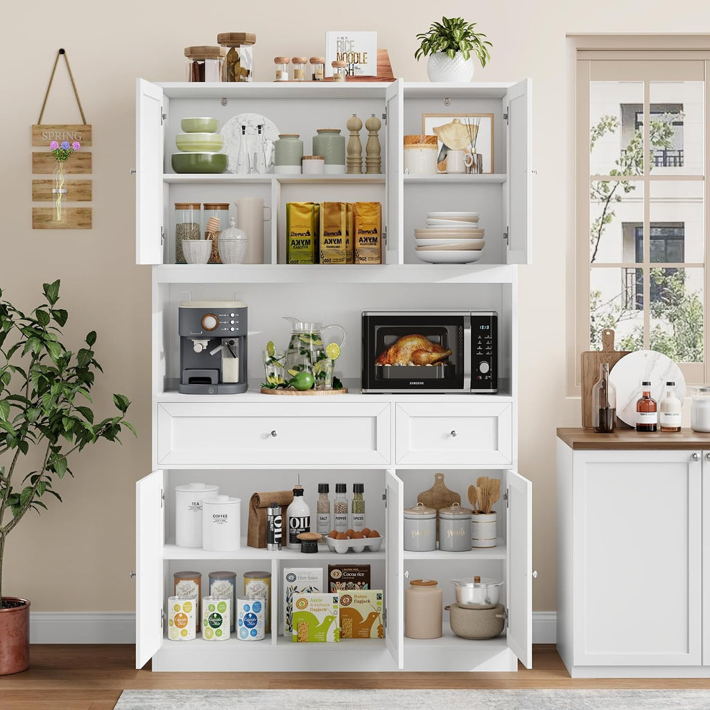 72" Kitchen Pantry Cabinet, Kitchen Hutch with Microwave Stand, Buffet Cabinet with Hutch, White