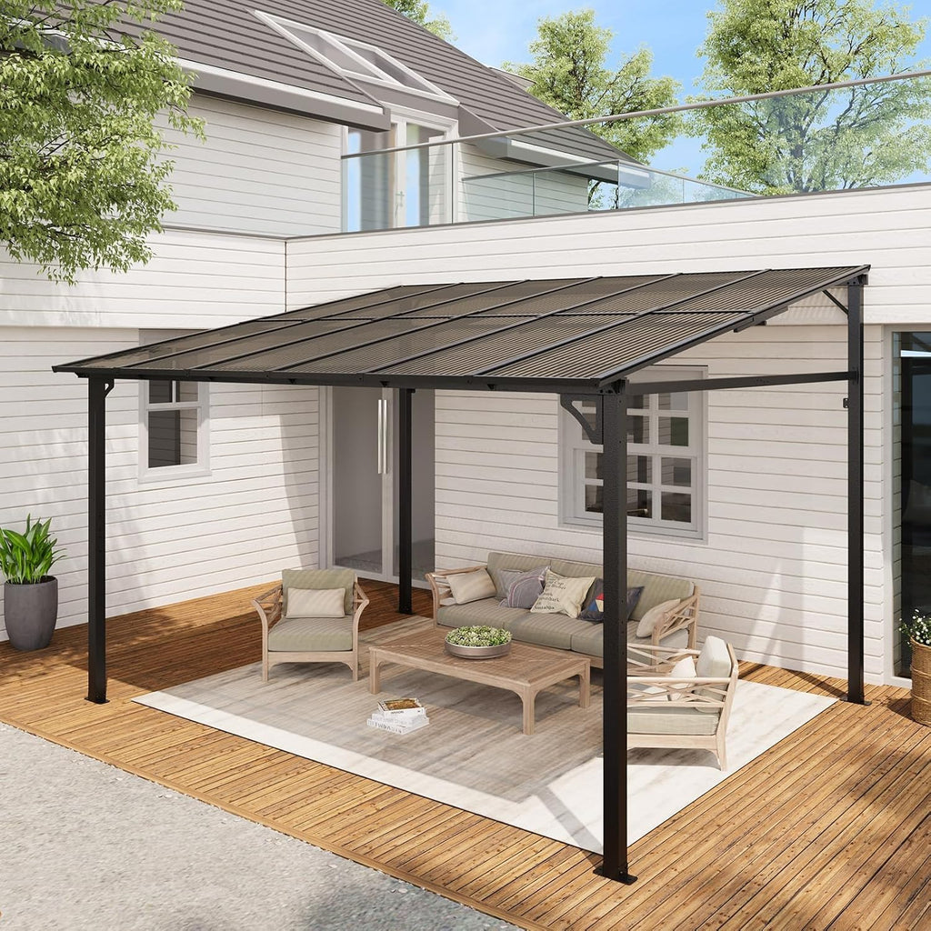 10x12ft Lean to Metal Pergola Gazebo with Hardtop Polycarbonate Roof, Wall Mounted Outdoor Pergolas for Patios