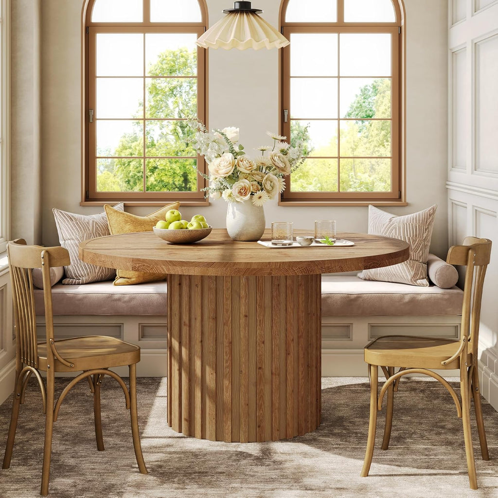 47" Solid Wood Dining Table for 4-6, Farmhouse Round Kitchen Table with Striped Pedestal Base, Circle Wooden Dining