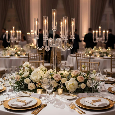 Acrylic Candelabra Centerpieces for Tables, 37.4in Tall 6 Arm Acrylic Candle Holder for Taper LED Candles, Clear