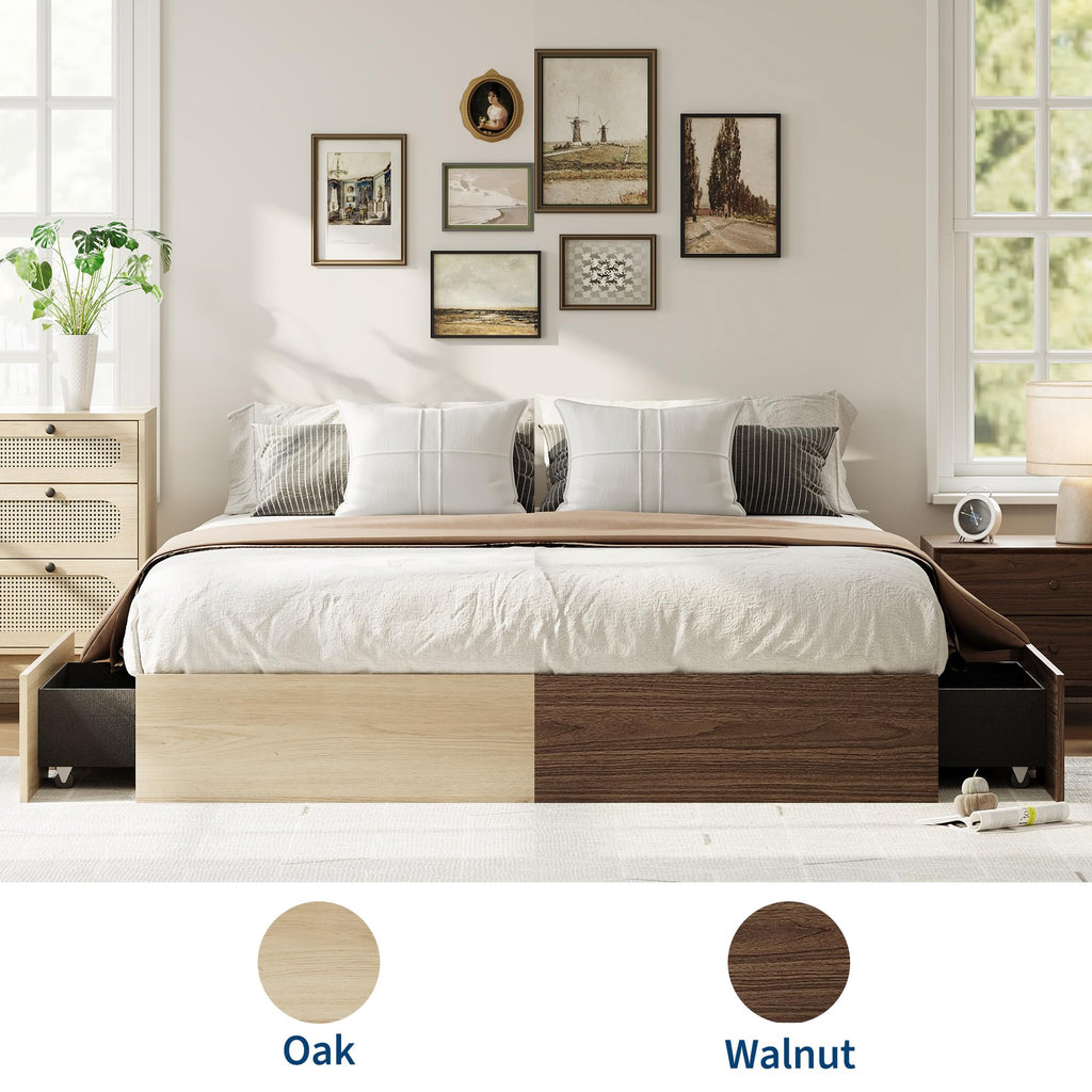 Wood Platform Bed Frame, Queen Bed Frame with 2 Drawers