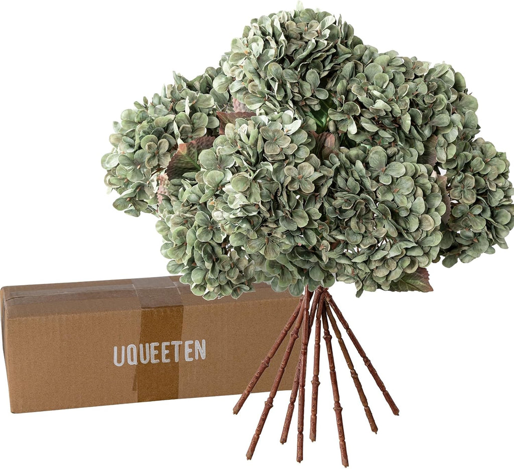 Hydrangea Artificial Flowers,Green Artificial Flower Fake Silk Hydrangea, Heads Bouquet with Stems Bulk for Fall