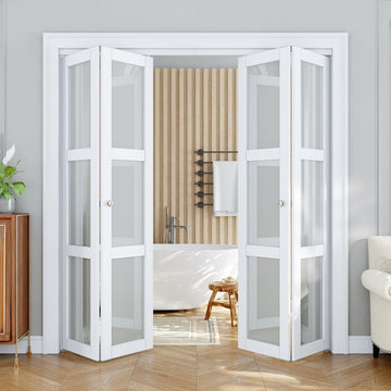 Bifold Doors for 72"x 80" Opening, 3-Lite Tempered Frosted Glass Bifold Closet Doors wit Hardware Kit, Pre-Assembled