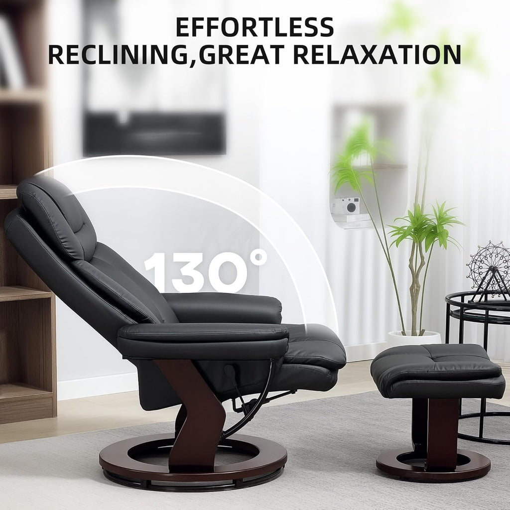 Modern Reclining Swivel Lounge Chair and Ottoman — Black PU Leather