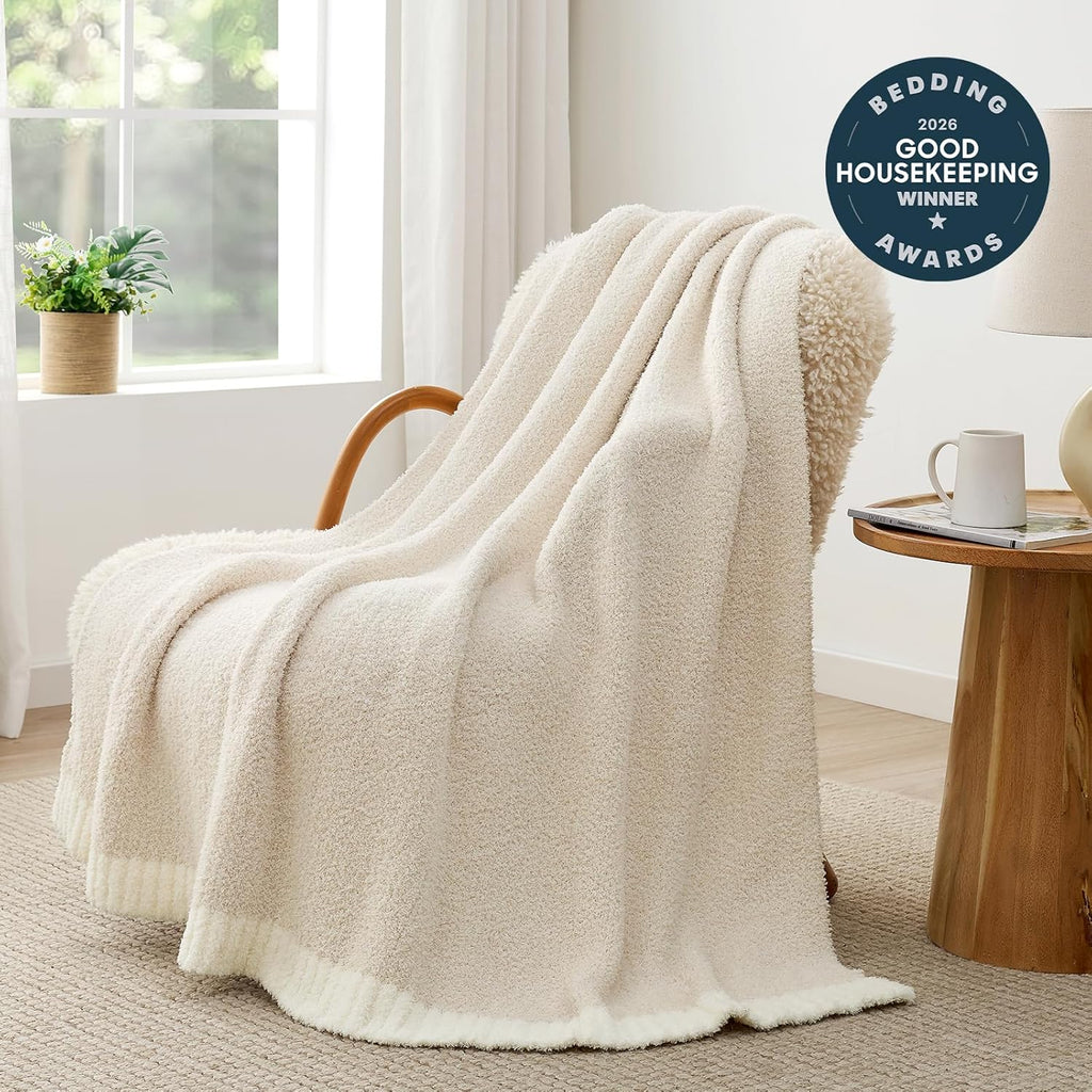 Buttery Ivory Throw Blanket, Reversible Super Soft Knitted Blankets, Warm Cozy Knit Fuzzy Plush Lightweight Throws