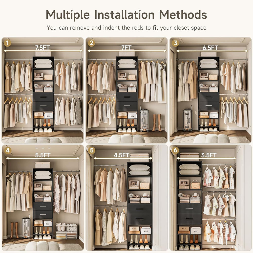 W2 Closet System with 2 Drawers, 3.5FT-7.7FT Closet Organizer System with 4 Chrome-Plated Telescopic Rods & 5