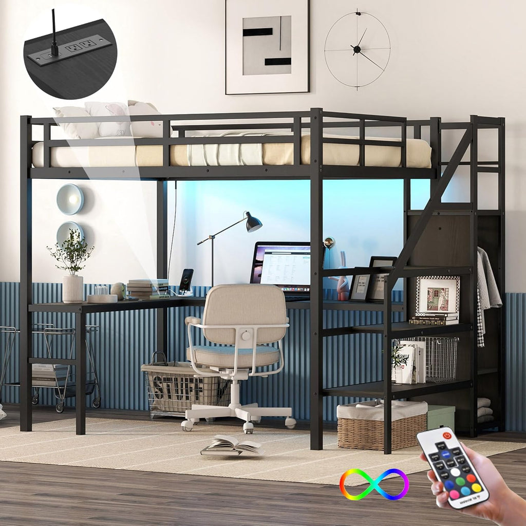 Metal Full Loft Bed with Desk and Wardrobe,Heavy Duty Loft Bed Frame with Storage Stairs,LED Lights and Charging