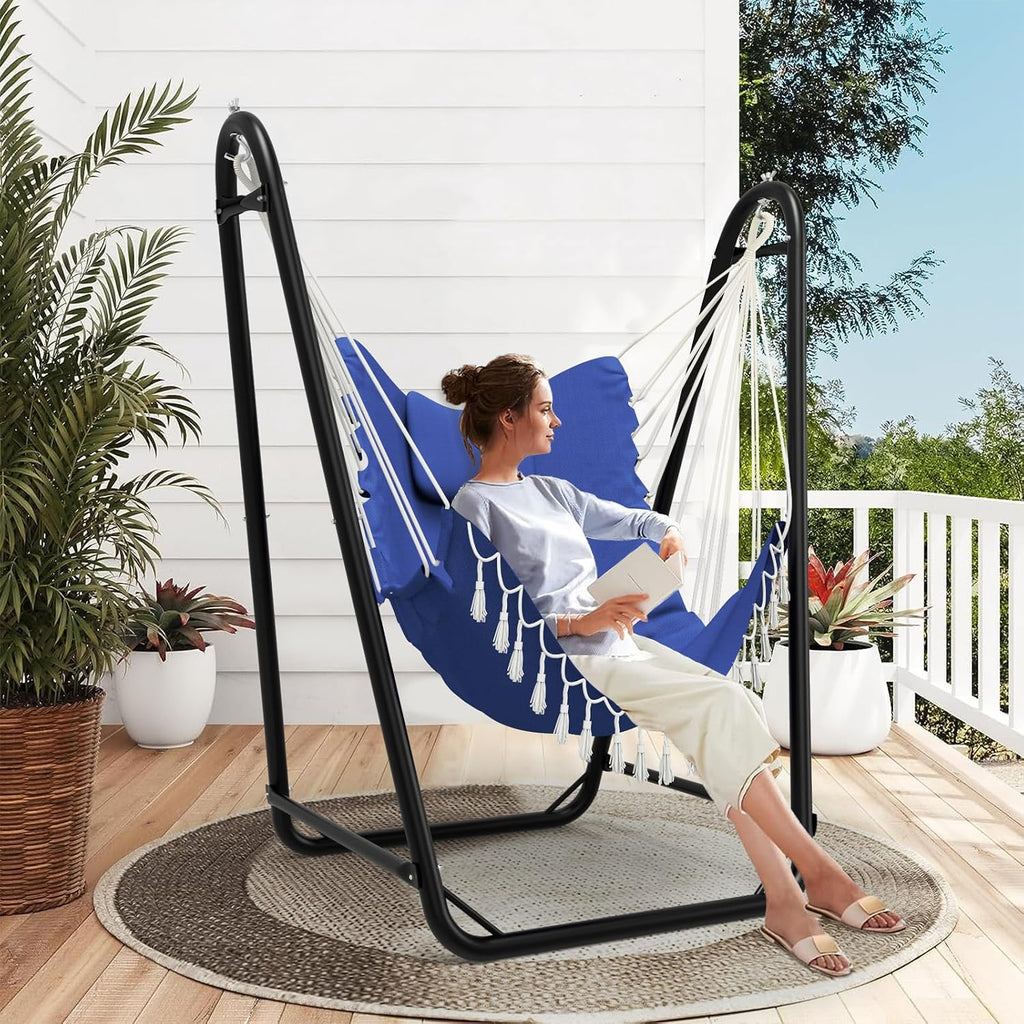 Hammock Chair with Stand, 350 lbs Swing Chair for Indoor Outdoor | U-Shape Anti-Tip Base, Steel Frame,Cotton Chair