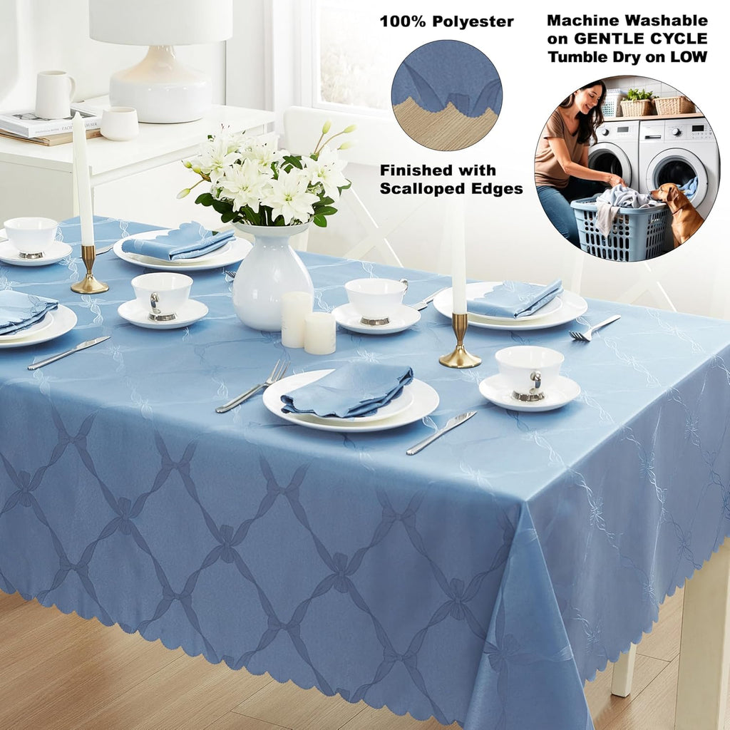 Ribbons and Bows Damask Fabric Tablecloth, Blue, 60 x 144 Inch Rectangle, Wrinkle & Stain Resistant 