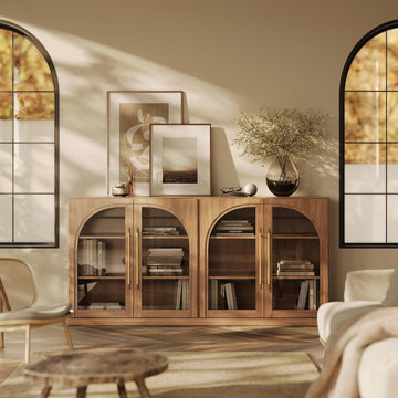 65" Arched Sideboard with Glass Door, Accent Buffet Cabinet with Storage and Adjustable Shelves