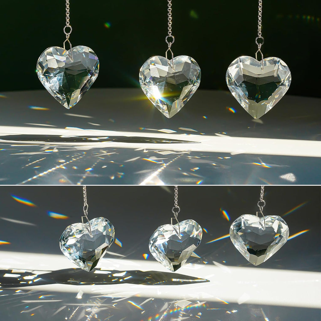 3 Pcs 50mm Clear Crystal Heart Suncatcher Hanging Window Decor - Clear Crystal Heart Sun Catcher Prism Rainbow Maker