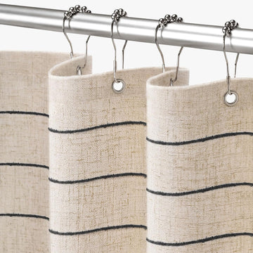 Striped Linen Shower Curtain , Black and Beige 72 W x 72 H | Boho Farmhouse Neutral Tan Bath Curtain