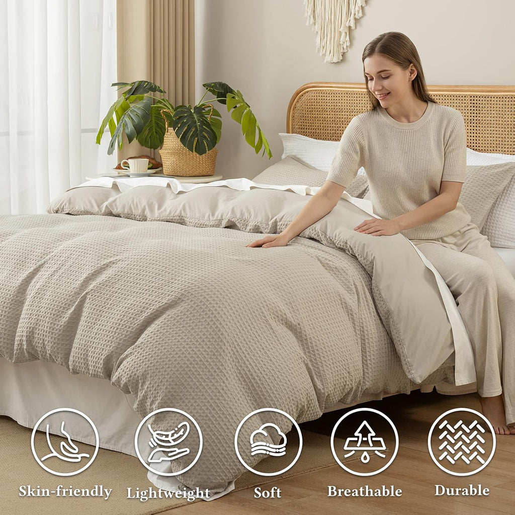 Waffle Weave Duvet Cover Set,Soft Breathable 3pcs Comforter Cover Set with 2 Pillowcases,Textured Home Decor