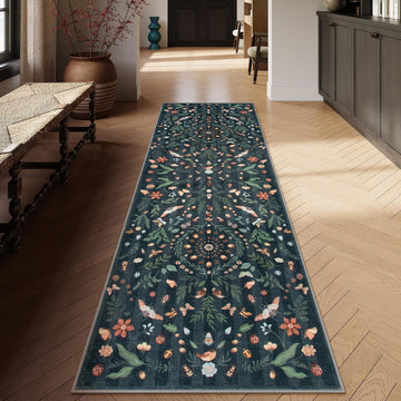 Insect Botanical 2'6"x10' Black Runners for Hallways, Non Slip Washable Kitchen Bathroom Carpet Runn