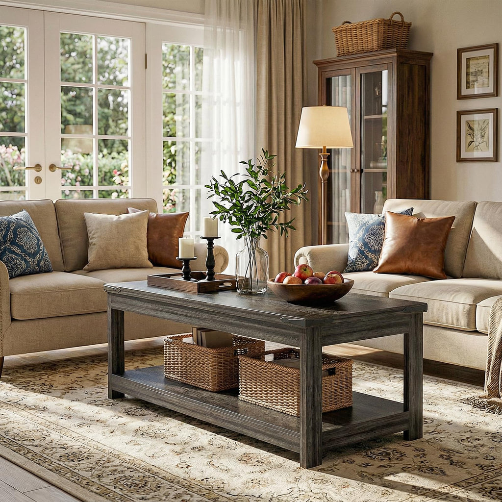 43.3" Farmhouse Coffee Table with Storage Shelf, Rustic Brown