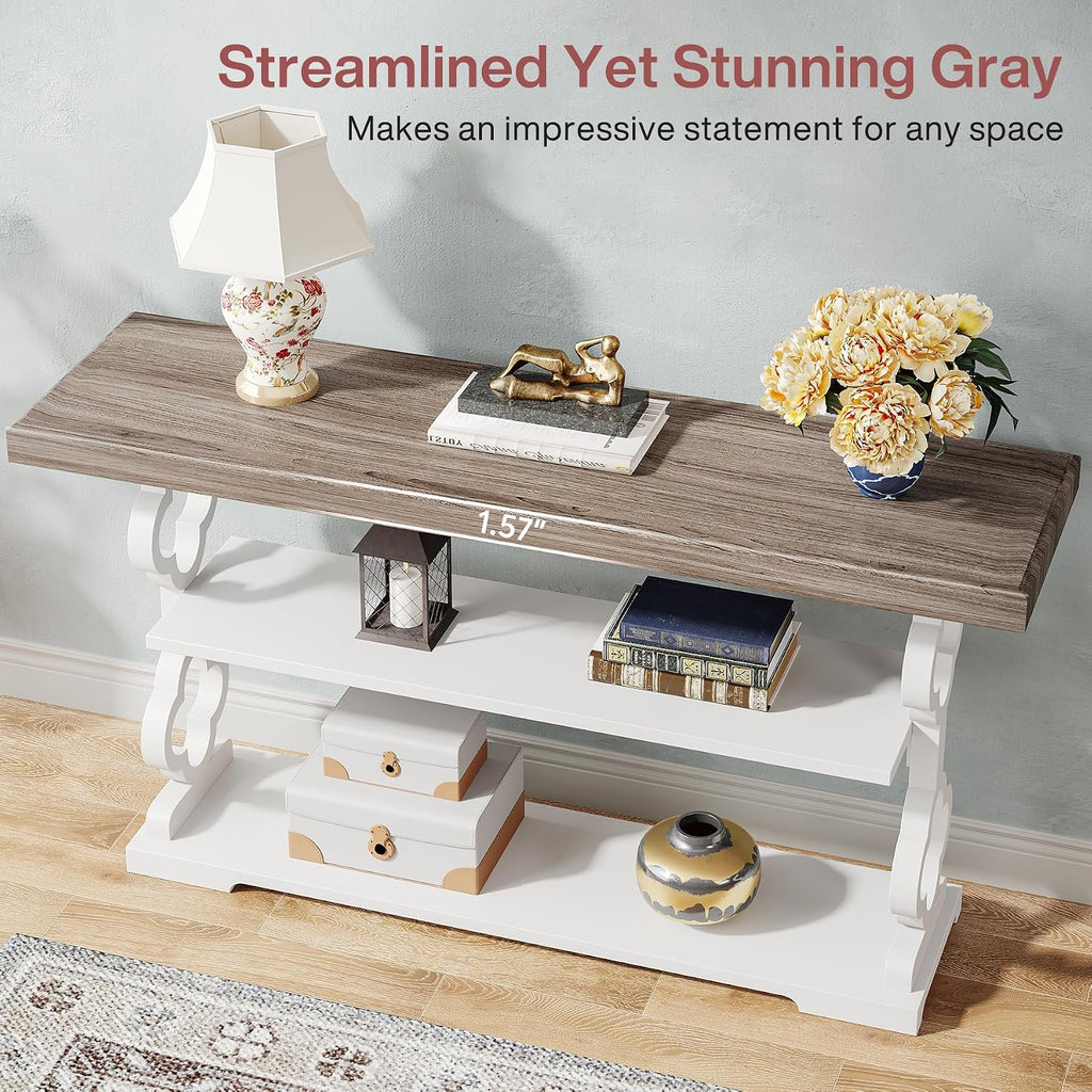 Farmhouse Console Table, 55 inch Long Sofa Table with Storage Shelves, 3 Tier Wood Accent Entry Table , Entrance