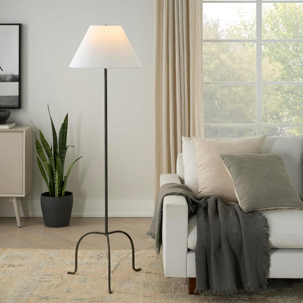 66" Black Wrought Iron Heritage Metal Slim Tripod Standing Floor Lamp for Modern, Industrial, Minimalist Living Room